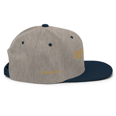Renamed Classic Snapback Heather Grey/Navy flat mockup, right side embroidery “ISAIAH 62:2”